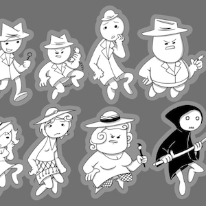以下が含まれることがあります： 探偵や死神など、様々なキャラクターの白黒漫画イラスト。キャラクターは帽子とコートを着用し、虫眼鏡、電話、鎌などの小道具を持っています。特徴が誇張されており、全体的にコミカルな印象を与えます。