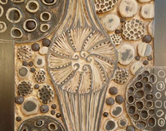 Nature art,woodcut art,seed pods,art by clare,garden art,wood wall art,carved wood panels,tree carving,abstract wall art,abstract flower art