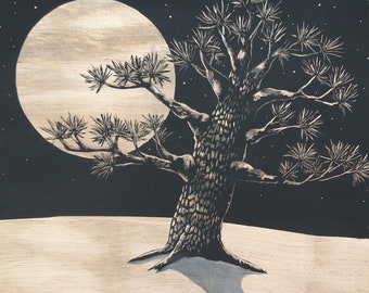 Tree Art, tree and moon wall art, wood wall art, wood burning, Moon painting, full moon art