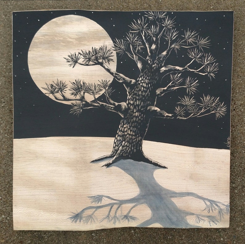 Tree Art Tree and Moon Wall Art Wood Wall Art Wood Burning Etsy