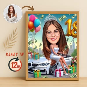 Custom 50th Birthday Caricature for Girl | Cartoon Portrait from Photo | Caricaturist or cartoonize your Gift for Daughter, Sister, Friend