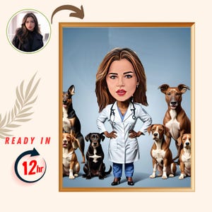 Female Veterinarian Gift - Custom Caricature From Photo, Dog Lover Cartoon Portrait – Personalized Pet Doctor Gift for Her – Digital Art