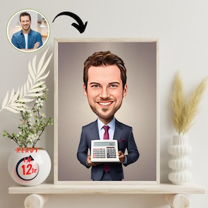 Custom Banker Caricature with Calculator, Cashier or Finance Worker Portrait from Photo, Gift for Accountant, Bank Employee or Money Lover
