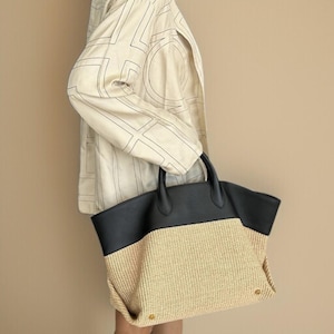Raffia Tote Bag, Large Woven Beach Bag, Cow Leather and Raffia Top Handle Bag, Handmade Straw Tote, Summer Vacation Bag for Women