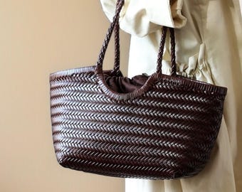 Handwoven Genuine Leather Hobo Bag – Large Soft Shoulder Tote for Women – Beach Day Bag – Dark Brown Braided Purse – Gift for Her