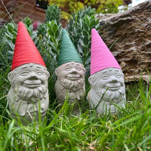 Handmade concrete garden gnome – gnome with colorful pointed cap (red, green, pink) – funny garden decoration