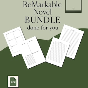 Könnte beinhalten: Ein digitales Produktpaket zum Schreiben von Romanen mit Arbeitsblättern und einer E-Reader-Grafik. Der Text lautet "ReMarkable Novel BUNDLE done for you". Das PDF-Symbol befindet sich unten links. Der Hintergrund ist grün und grau.