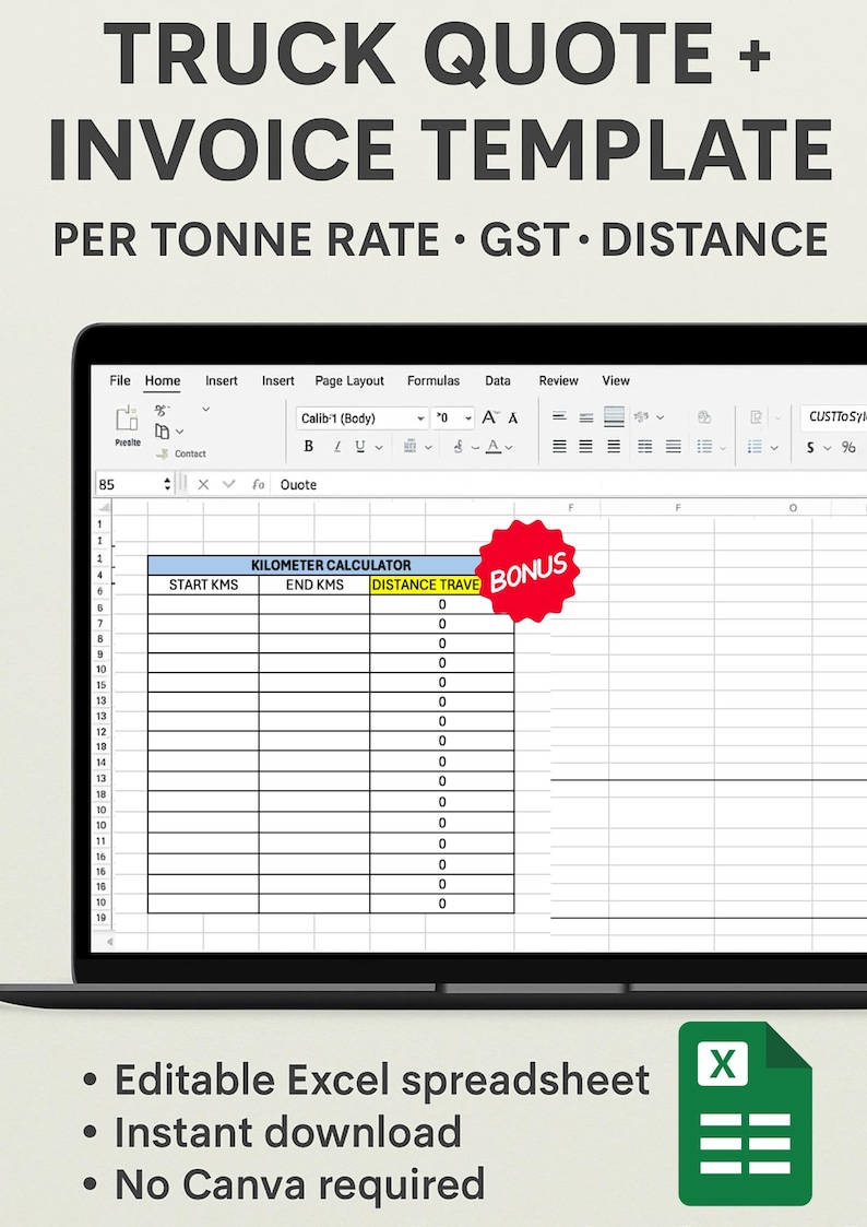 Truck Quote & Invoice Template (excel) | Freight Calculator + KM Rate ...