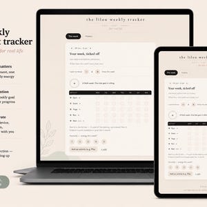 May include: A laptop and tablet displaying the Lilou weekly movement tracker interface. The screen shows a digital planner with sections for tracking activities, setting intentions, and monitoring energy levels, featuring a neutral colour palette.