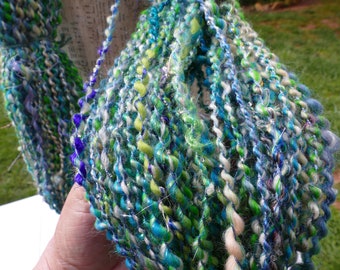 Hand Spun Core Spun Art Yarn Spun From Handmade Batt And Plyed With Tiny Blue Bead Thread  Big Yardage 156 Yards