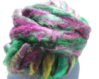 4oz. Pulled Reclaimed Sari  Bright Green Yellow Cranberry Jewel Tone Colors Price Reduced By Four Dollars