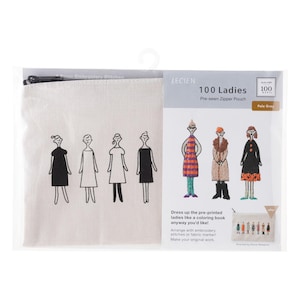 May include: A light gray pre-sewn zipper pouch by Lecien titled 100 Ladies. The fabric features four black line-art figures of people in dresses. The packaging includes instructions to decorate the figures with embroidery or markers, showing examples.