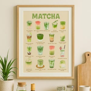 K&ouml;nnte beinhalten: Ein gerahmter Druck mit verschiedenen Matcha-Getr&auml;nkerezepten, mit dem Wort "MATCHA" oben. Das Bild zeigt eine Vielzahl von Matcha-Getr&auml;nken in Gl&auml;sern, zusammen mit Matcha-Pulver, einem Schneebesen und anderem Zubeh&ouml;r. Eine Pflanze und Gl&auml;ser sind ebenfalls zu sehen.