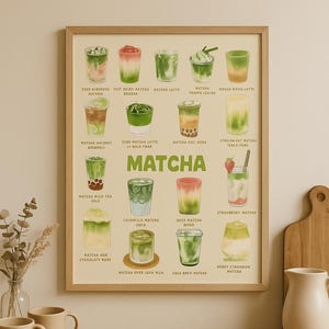 K&ouml;nnte beinhalten: Ein gerahmter Druck mit verschiedenen Matcha-Getr&auml;nken, darunter Lattes, Frapp&eacute;s und Tees. Der Druck zeigt eine Vielzahl von Matcha-Rezepten mit beschreibendem Text. Die Farbpalette umfasst Gr&uuml;n-, Braun- und Cremet&ouml;ne und schafft eine ansprechende Darstellung.