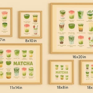 K&ouml;nnte beinhalten: Eine Sammlung gerahmter Kunstdrucke mit Aquarellillustrationen von Matcha-Getr&auml;nken. Die Drucke zeigen verschiedene Matcha-Getr&auml;nke mit unterschiedlichen Zutaten und Farben, die in verschiedenen Gr&ouml;&szlig;en wie 12,7x17,8 cm, 20,3x25,4 cm und 40,6x50,8 cm dargestellt werden.