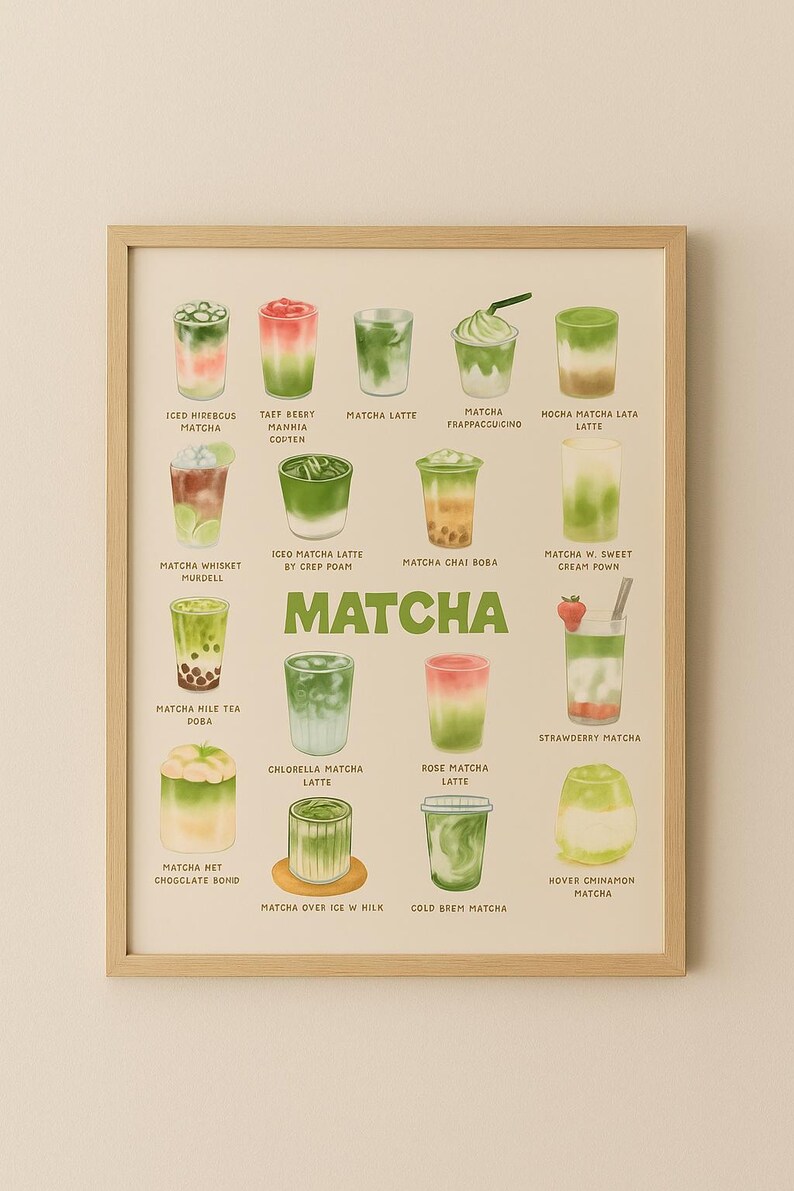K&ouml;nnte beinhalten: Ein gerahmter Druck mit verschiedenen Matcha-Getr&auml;nken in klaren Gl&auml;sern. Die Getr&auml;nke zeigen Farbt&ouml;ne von Gr&uuml;n, Rosa und Wei&szlig;, mit Namen wie "Matcha Latte" und "Strawberry Matcha". Das Wort "Matcha" ist prominent dargestellt.