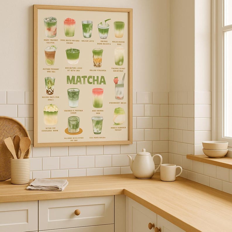 K&ouml;nnte beinhalten: Ein gerahmter Druck mit einer Vielzahl von Matcha-Getr&auml;nken. Das Poster hat einen hellbeigen Hintergrund mit Illustrationen verschiedener Matcha-Getr&auml;nke, die jeweils mit einem Namen versehen sind. Das Wort "Matcha" ist prominent in der Mitte zu sehen.