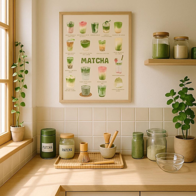 K&ouml;nnte beinhalten: Ein gerahmter Druck mit verschiedenen Matcha-Getr&auml;nken h&auml;ngt &uuml;ber einer Arbeitsplatte. Auf der Arbeitsplatte befinden sich ein Matcha-Besen, eine Sch&uuml;ssel, ein Glas und ein Beh&auml;lter. Der Druck zeigt das Wort "Matcha".
