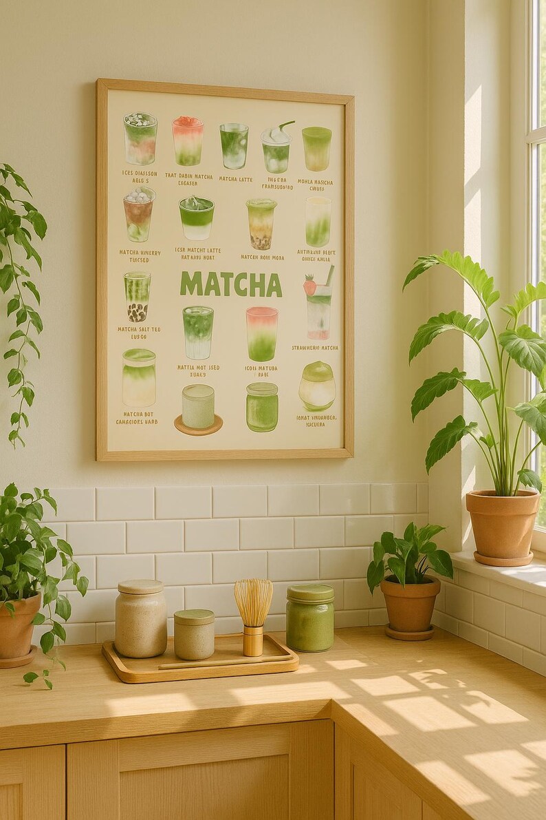 K&ouml;nnte beinhalten: Ein gerahmtes Poster mit verschiedenen Matcha-Getr&auml;nken und Textbeschriftungen. Das Poster h&auml;ngt &uuml;ber einer Holz-Arbeitsplatte mit Gl&auml;sern, einem Schneebesen und einem Tablett. Topfpflanzen sind auf der Theke und in einem Fenster zu sehen.