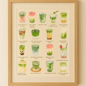 K&ouml;nnte beinhalten: Ein gerahmter Druck, der eine Vielzahl von Matcha-Getr&auml;nken zeigt, jedes in einem klaren Glas. Die Getr&auml;nke weisen Schichten aus Gr&uuml;n, Wei&szlig; und Rot auf, mit Namen wie "Matcha Latte" und "Strawberry Matcha" darunter. Der Rahmen ist hellholzfarben.