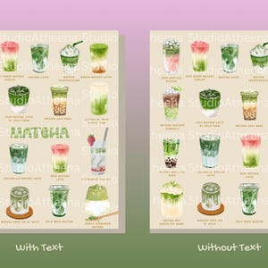 K&ouml;nnte beinhalten: Aquarellillustration verschiedener Matcha-Getr&auml;nke, darunter Lattes, Cooler und Tees. Das Bild zeigt eine Vielzahl von gr&uuml;nen und rosa Getr&auml;nken, einige mit Schlagsahne und Fr&uuml;chten. Das Wort "MATCHA" wird in gr&uuml;ner Schrift angezeigt.