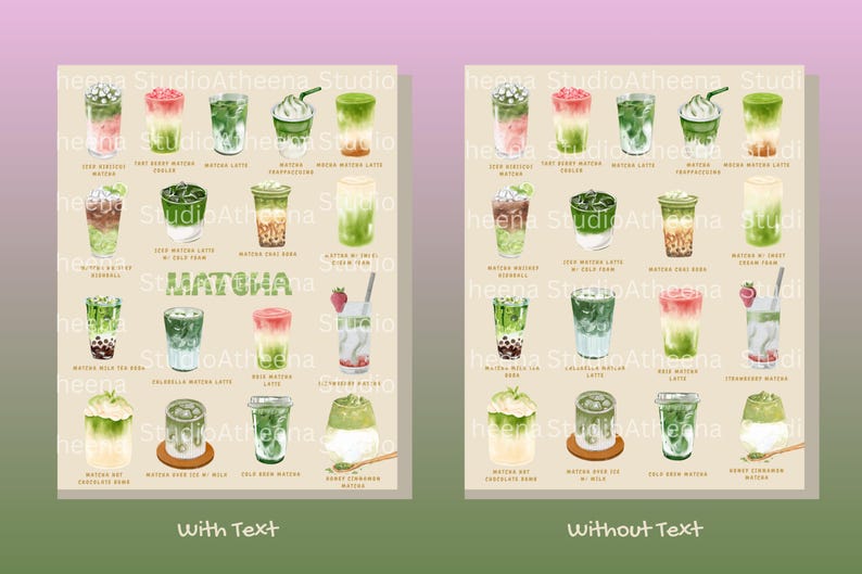 K&ouml;nnte beinhalten: Aquarellillustration verschiedener Matcha-Getr&auml;nke, darunter Lattes, Cooler und Tees. Das Bild zeigt eine Vielzahl von gr&uuml;nen und rosa Getr&auml;nken, einige mit Schlagsahne und Fr&uuml;chten. Das Wort "MATCHA" wird in gr&uuml;ner Schrift angezeigt.