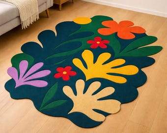 Hand-Tufted Wool Rug, Colorful Floral Botanical Abstract, Irregular Shape Carpet