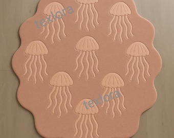 Hand Tufted Wool Jellyfish Rug: Pastel Pink Coastal Nursery Carpet