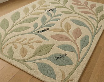 Handmade Botanical Wool Rug, Tufted Leaf Area Carpet, Neutral Nature Living Room