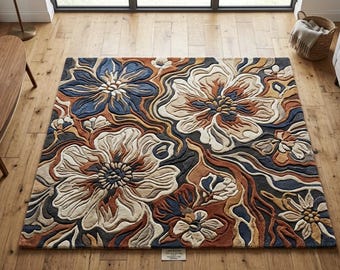 Hand Tufted Wool Floral Rug: Modern Botanical Living Room Carpet