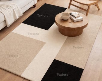 Hand Tufted Wool Geometric Rug: Modern Beige Black Area Carpet