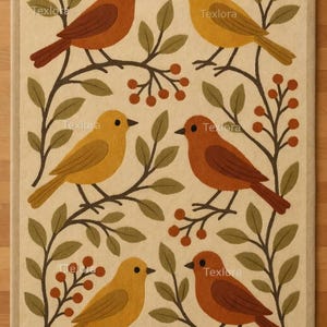 Hand Tufted Birds & Leaves Rug: Nature Inspired Accent Decor new zealand wool carpet