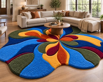 Colorful Bloom Abstract Wool Rug, Hand Tufted Floral Area Rug, Modern Organic Shaped Carpet, Handmade Living Room Decor