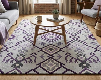 Alfombra geométrica moderna morada, alfombra de lana tejida a mano, alfombra abstracta para sala de estar, alfombra hecha a mano a medida, decoración de piso contemporánea