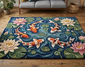 Koi Fish Lotus Wool Rug, Handmade Tufted Carpet contemporary rug