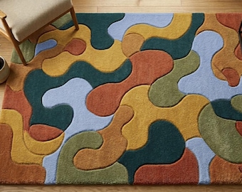 Handmade Abstract Wool Rug, Mid Century Modern Tufted Carpet, Colorful Living Room Decor