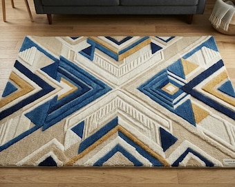 Modern geometrisk handgjord tuftad ullmatta blå beige vardagsrumsinredning