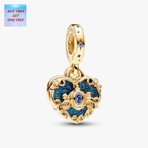 Disney Cinderella&#39;s Carriage & Heart Double Dangle Charm, Sterling Silver Fairytale Pendant fits Pandora Bracelet, Silver charm