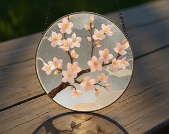 Atrapasueños de flores de cerezo: arte primaveral de vidrio pintado a mano para ventanas