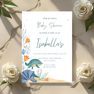 Invito per baby shower &quot;Sotto il mare&quot;: animali marini acquerellati (modello Canva, file PDF 5x7&quot;)