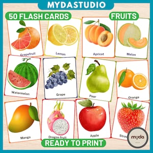 Cartes flash imprimables sur les fruits | 50 cartes de fruits | Un apprentissage inspiré de Montessori | Enseignants, mamans, enseignement à domicile | Téléchargement instantané