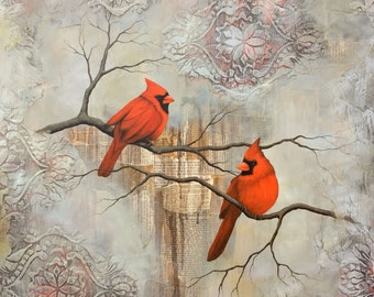 Cardinal Print, Cardinal Painting, titled A Pair of Cardinals, Limited Edition Print, Mixed media bird painting, mixed media cardinal painti