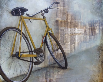 Bicycle Art, titled The Yellow Bicycle, Bicycle Art Print, Mixed Media Art, Limited Edition Print