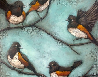 Bird Mixed Media Art Print, titled Ready To Fly, Bird Wall Art, Mixed Media Birds Art