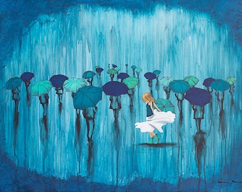 Girl Dancing in the Rain, Blonde Girl, Rain Art, titled Dance in the Rain, Giclée on Paper or Canvas