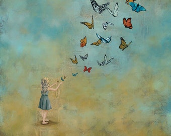 Butterfly Art, Girl Releasing Butterflies, Blonde, titled With Open Hands, Limited edition Giclée on Paper, Canvas or Mounted to Wood Panel