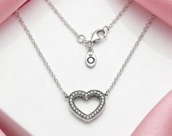 Silver Sparkling Open Heart Necklace with Pave CZ Stones, Elegant Jewellery For Everyday