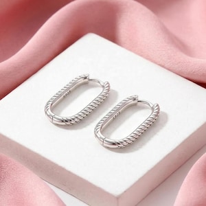 Puede incluir: Un par de pendientes de aro ovalados plateados con un diseño de cuerda texturizada. Los pendientes, marcados con "S925", se muestran sobre una superficie blanca, con un fondo de tela rosa.