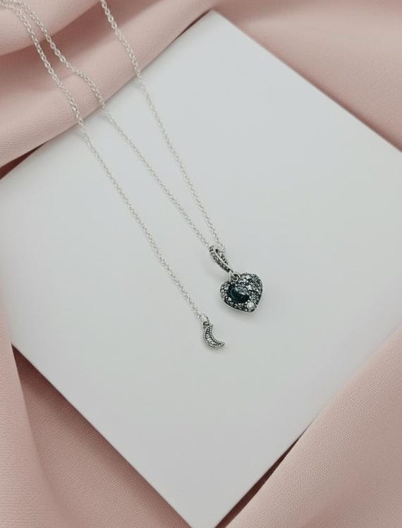 Silver Sparkling Blue Moon & Stars Heart Necklace With Cubic