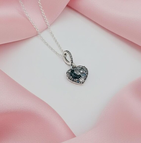 Silver Sparkling Blue Moon & Stars Heart Necklace With Cubic